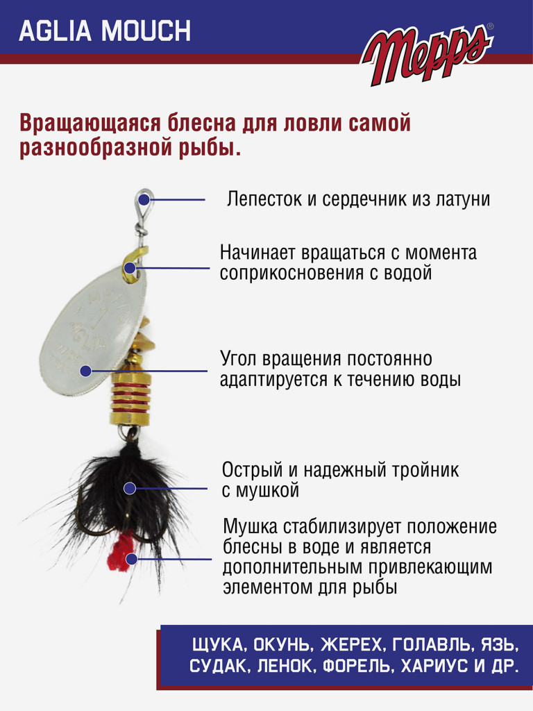 Блесна вращающаяся для рыбалки Mepps AGLIA MOUCH на щуку, окуня