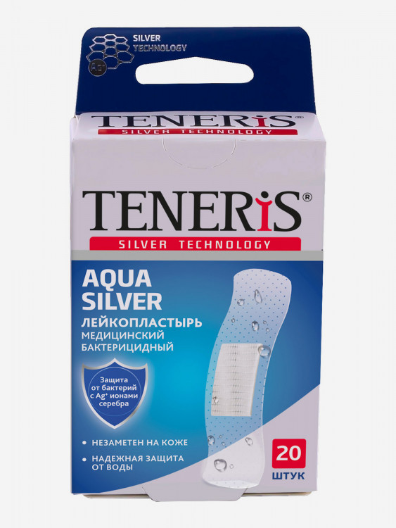 Бактерицидный лейкопластырь TENERIS AQUA Silver с ионами серебра на прозрачной полимерной основе, 20 шт