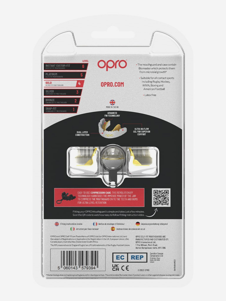 Боксерская капа для брекетов взрослая, спортивная, защитная для зубов OPRO Self-Fit Gold Braces - White/Gold