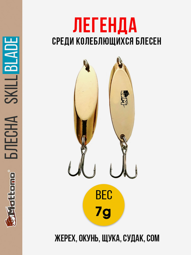 Блесна колеблющаяся для рыбалки Mottomo Skill Blade 7g Gold. Колебалка на жереха, щуку, окуня, голавля, форель