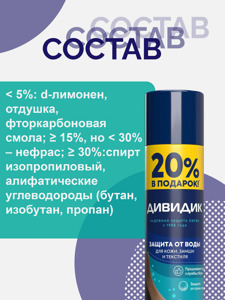 Аэрозоль ДИВИДИК для обуви пропитка водоотталкивающая сверхсильная бесцветная для кожи и текстильных материалов 250 мл