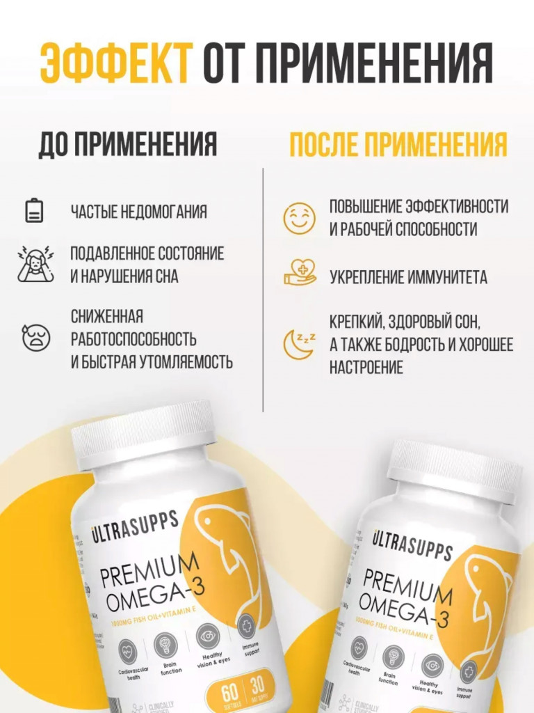 Омега 3 UltraSupps, 30 капсул, рыбий жир