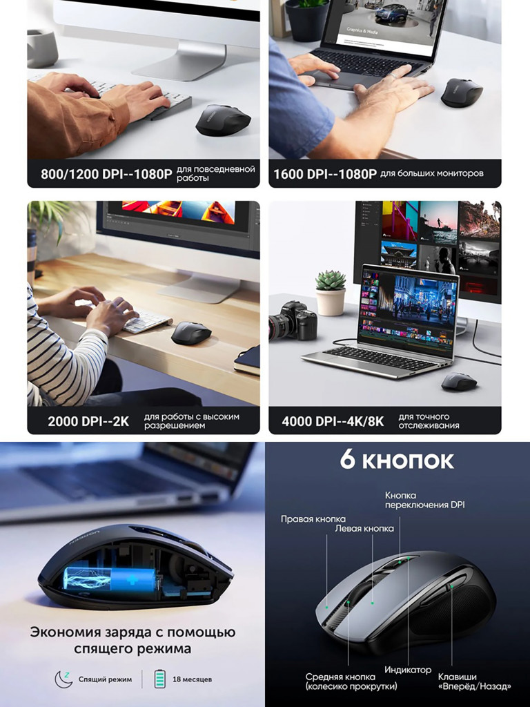 Мышка компьютерная беспроводная UGREEN MU006S (85082) Ergonomic Wireless 4000DPI 2.4G&BT Mouse