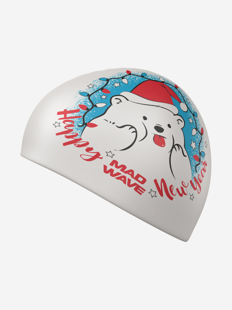 Силиконовая шапочка Mad Wave Happy New Year, White