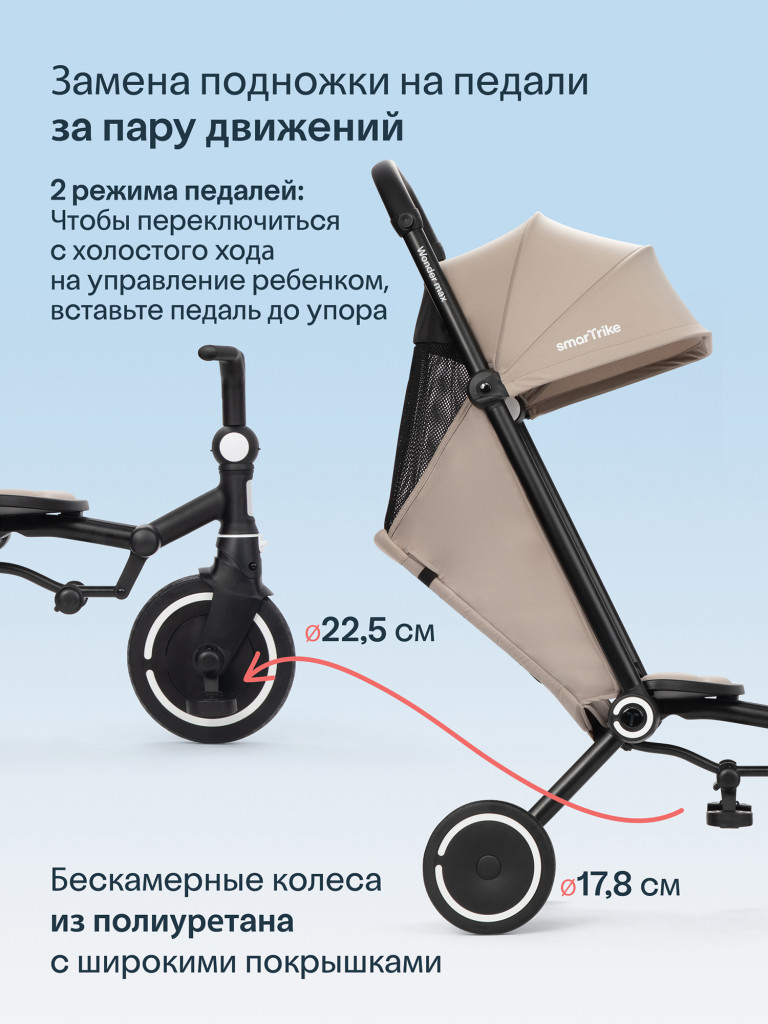 Велосипед детский трехколесный с ручкой SmarTrike Wonder Max Stone Beige, складной, для путешествий