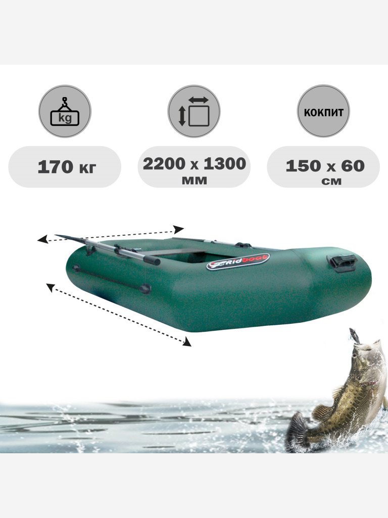 Лодка ПВХ Ridboat-220У, зеленая,1,5-местная, диаметр борта 360мм, для рыбалки, для охоты и путешествий