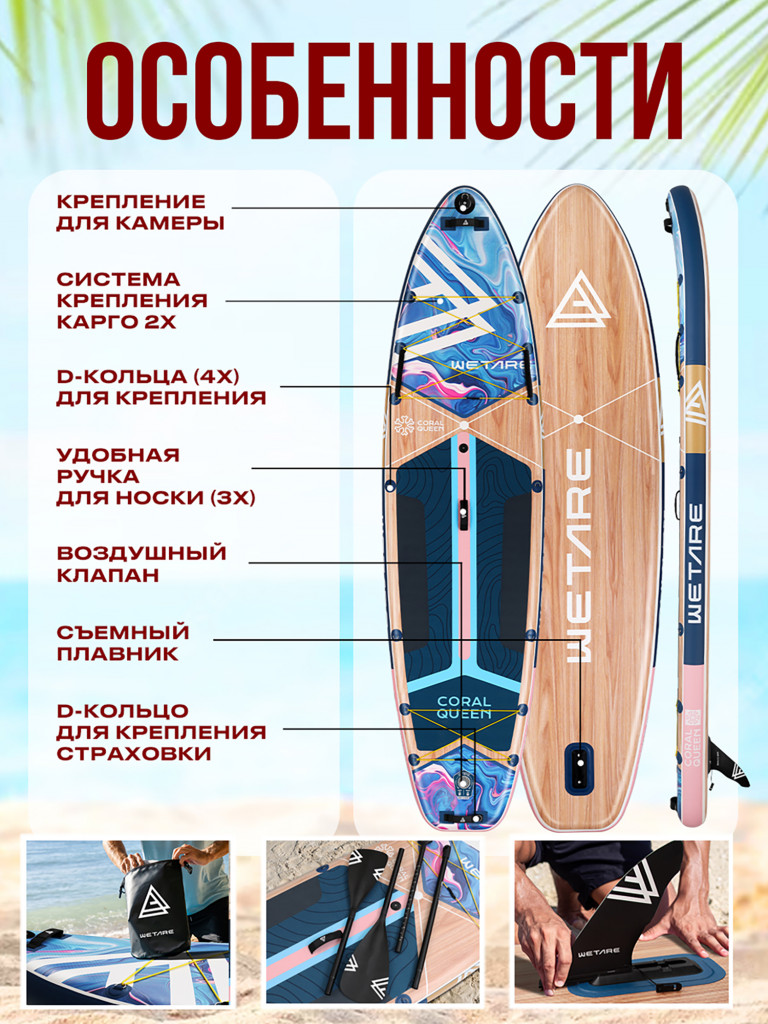 Надувная двухслойная SUP-доска WETARE CORAL QUEEN PINK-BLUE, 11'6" 351*89*15 см, Сапборд с каячным веслом