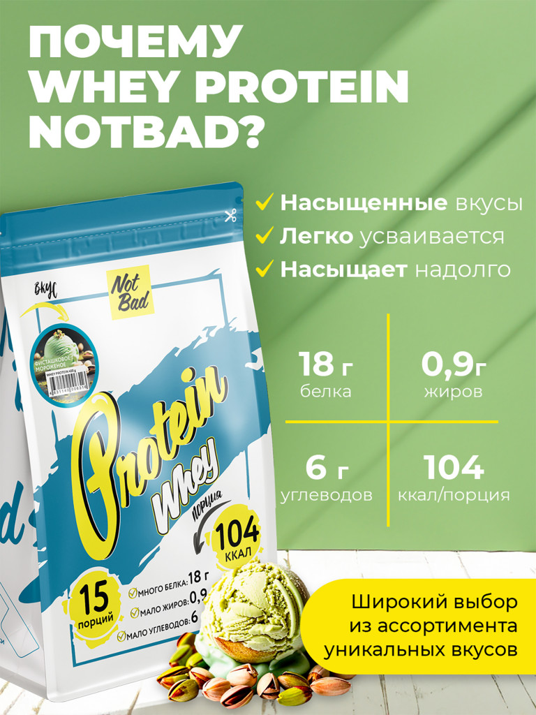 Протеин сывороточный, NotBad Whey Protein, 450 г, Фисташковое мороженое