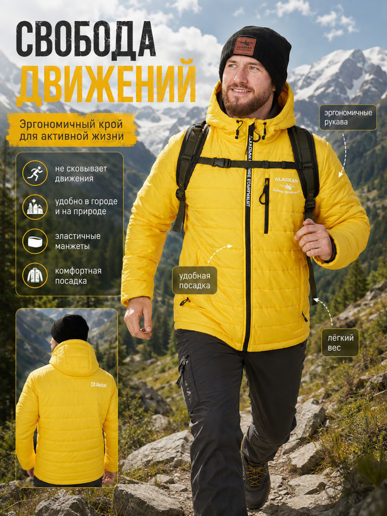 Куртка мужская Alaskan Juneau Yellow утепленная стеганая для рыбалки и охоты