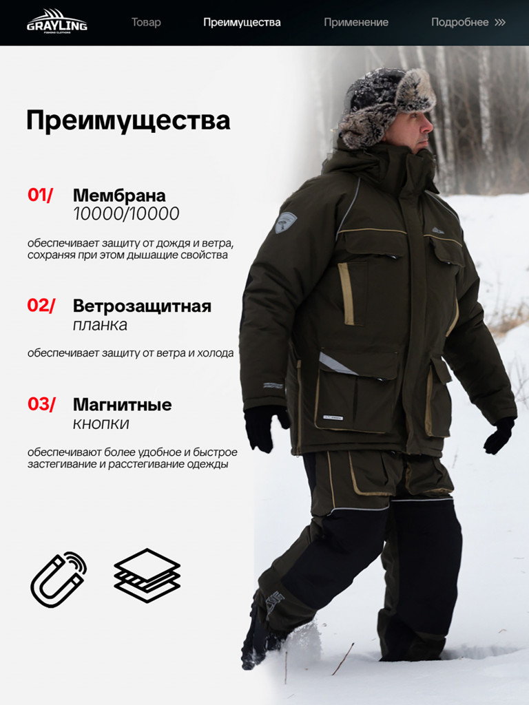 Костюм для рыбалки Камчатка МАГМА GRAYLING, зимний -45, хаки