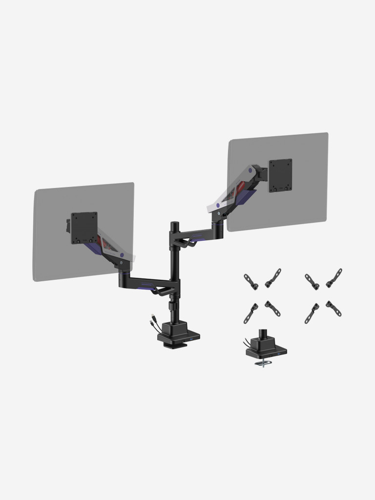 UNITEKI FMGT402GL ATLAS NEO GAMING LINE кронштейн для двух мониторов со струбциной, газлифт, крепление на трубе, 24-57", вертикальная регулировка, нагрузка 2-30 кг