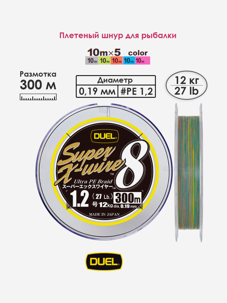Плетеный шнур 300 м, 9.0 кг, 5Color-Yellow Marking #1.2 (0.19 мм) Duel PE SUPER X-WIRE 8