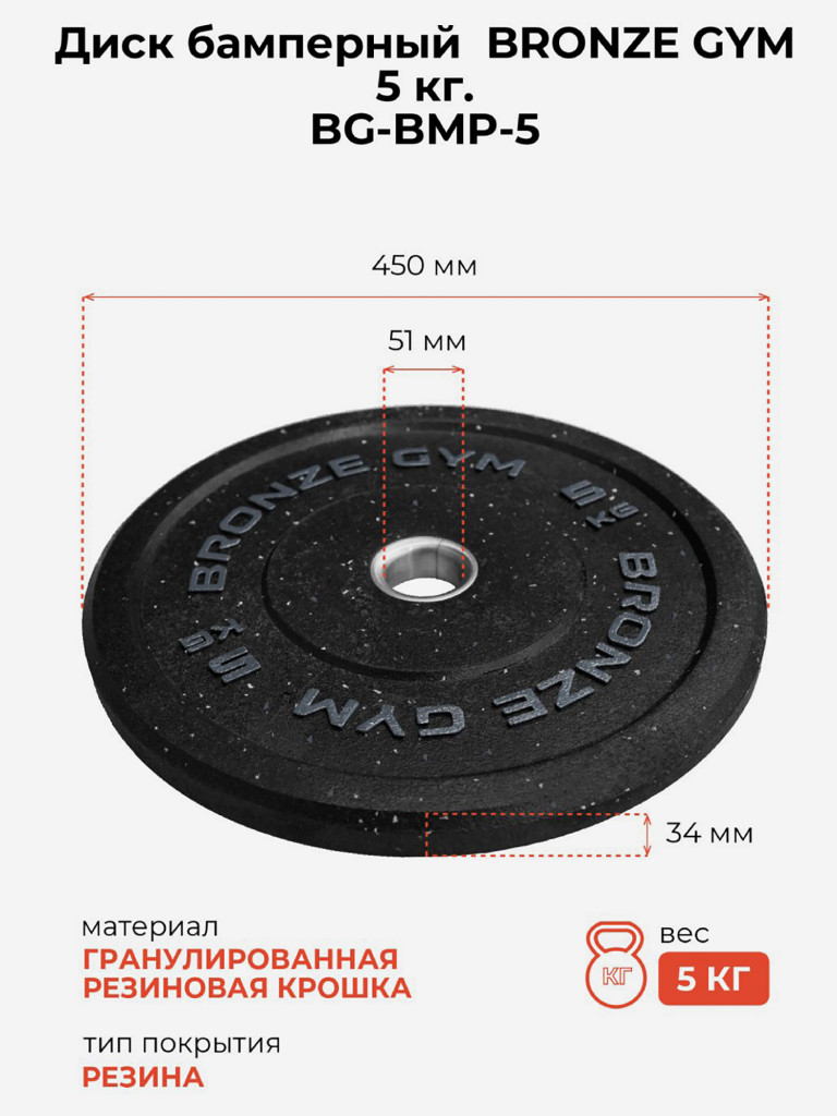 Диск для штанги бамперный BRONZE GYM 5 кг