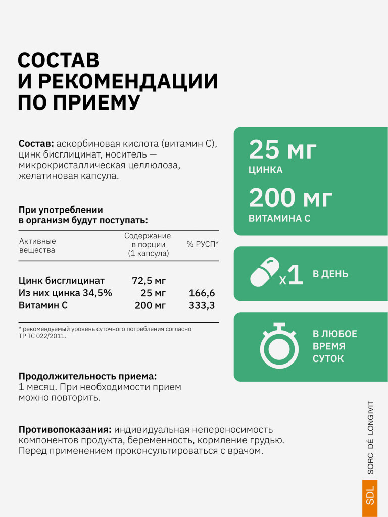 Цинк + Витамин С SDL, 60 капсул