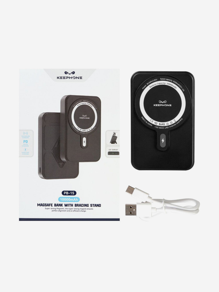 Повербанк с беспроводной зарядкой для телефона KEEPHONE Snap Stand / Быстрая зарядка аккумулятора: 10000 мАч, подставка — Чёрный