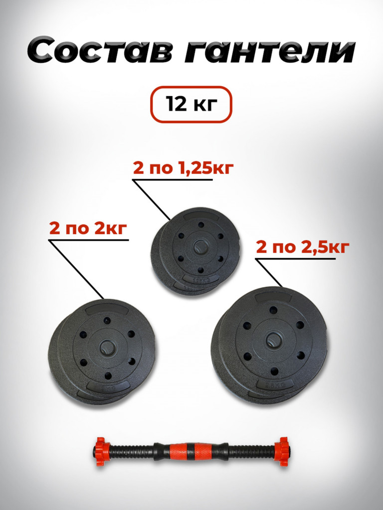 Гантели композитные разборные набор 2 шт по 12 кг, общий вес 24кг, Без переходника