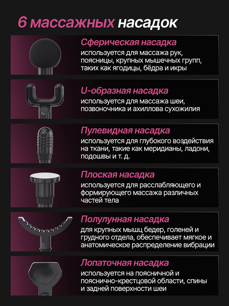 Перкуссионный массажер для тела, шеи и спины DFC VM-BR Фуксия, 6 насадок