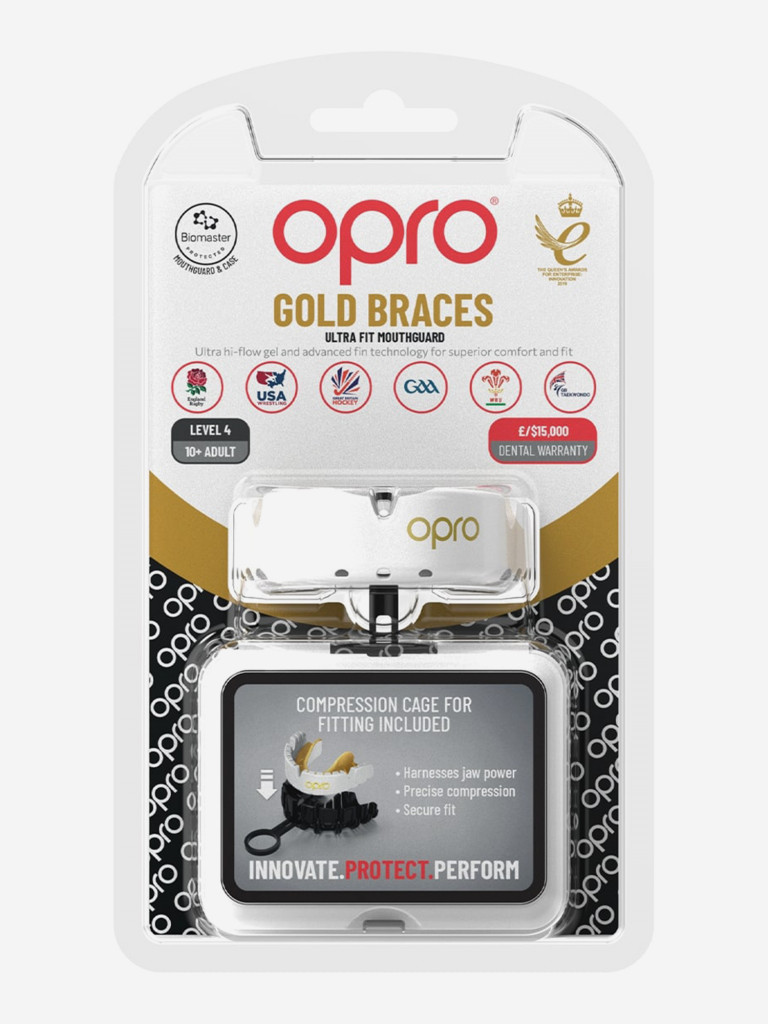 Боксерская капа для брекетов взрослая, спортивная, защитная для зубов OPRO Self-Fit Gold Braces - White/Gold