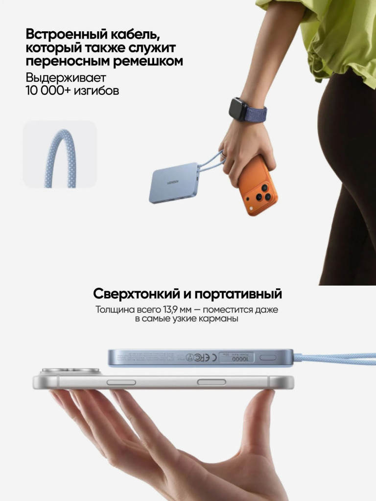 Внешний аккумулятор UGREEN PB570 (65839B) MagFlow Air Ultra-Slim 30W Magnetic 10000mAh Wireless Power Bank USB-C Cable