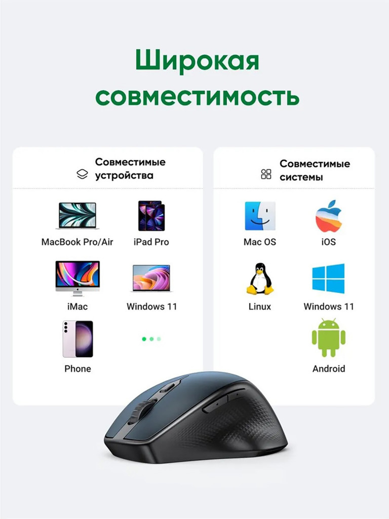Мышка компьютерная беспроводная UGREEN MU101 (15807) Ergonomic Contoured-Shape Design Wireless Mouse 2.4 GHz/BT