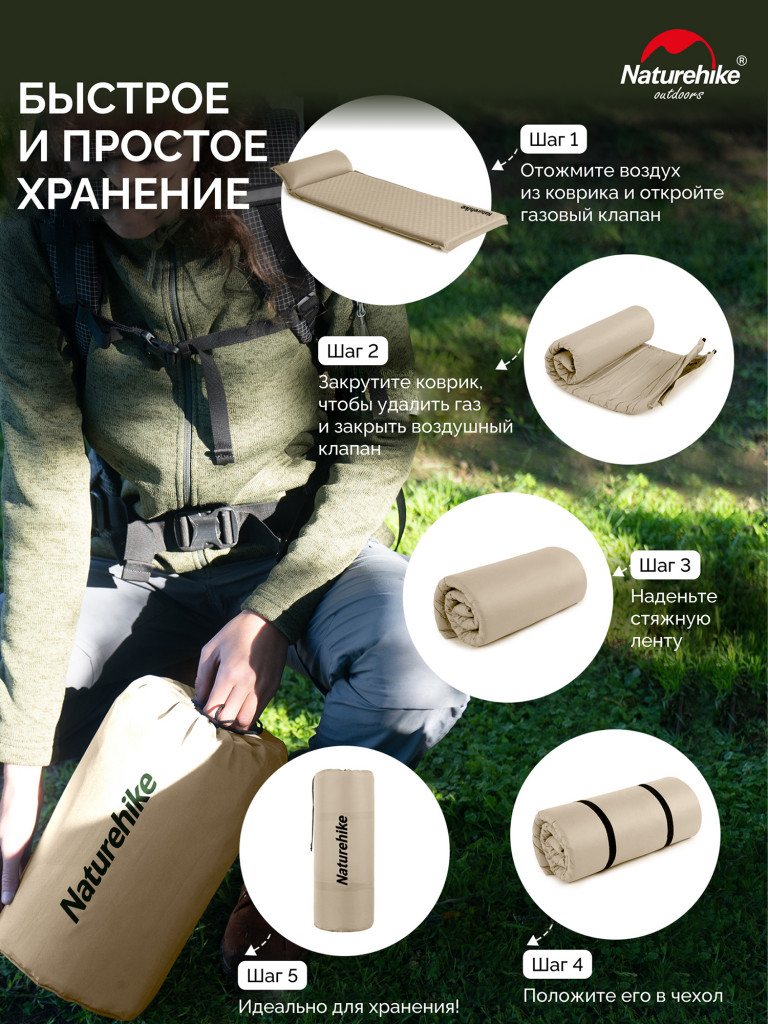 Коврик Naturehike CNK2450WS020 D04 10см с подушкой R7.8 самонадувной туристический бежевый