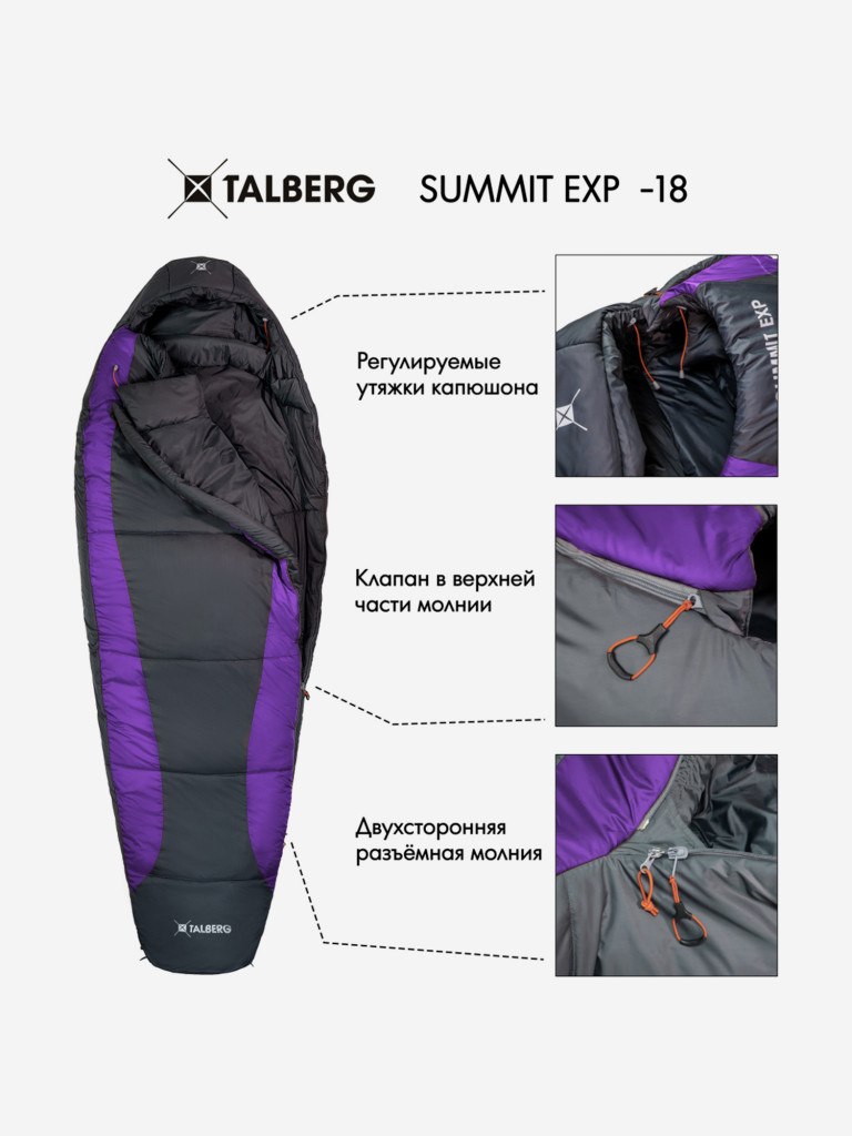 Спальный мешок TALBERG SUMMIT EXP -18°C, серый/фиолетовый, правый