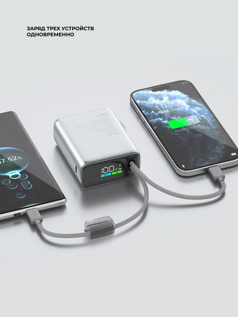 Внешний аккумулятор NRG Turbo 10000 мА-ч (38.5 Вт-ч), 35Вт вых., USB-C / Lightning кабели, цветной дисплей