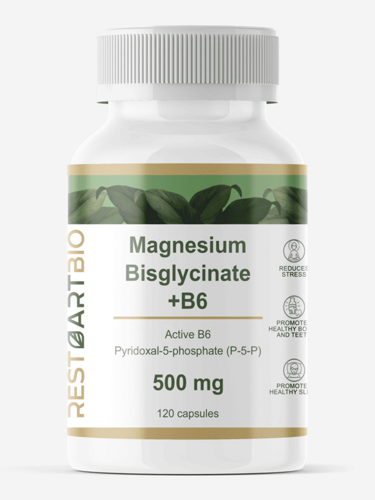 Магний бисглицинат хелат, RESTARTBIO, 500 мг с витамином B6, 120 капсул