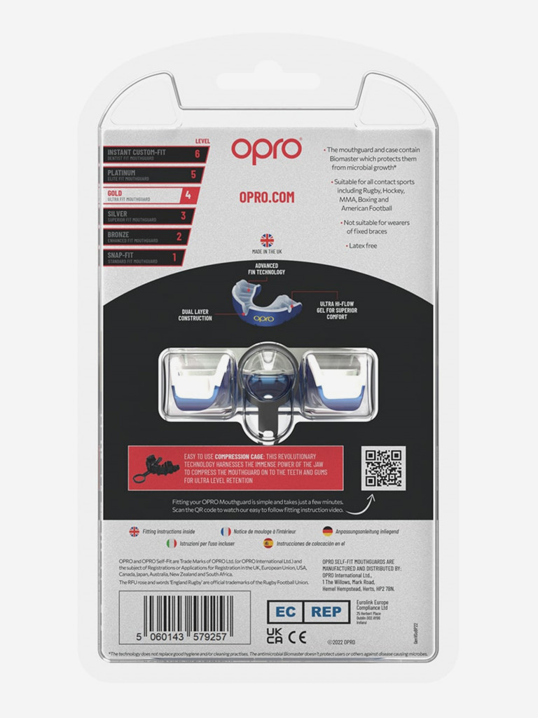 Боксерская капа взрослая, спортивная, защитная для зубов OPRO Self-Fit Gold - Blue/Pearl