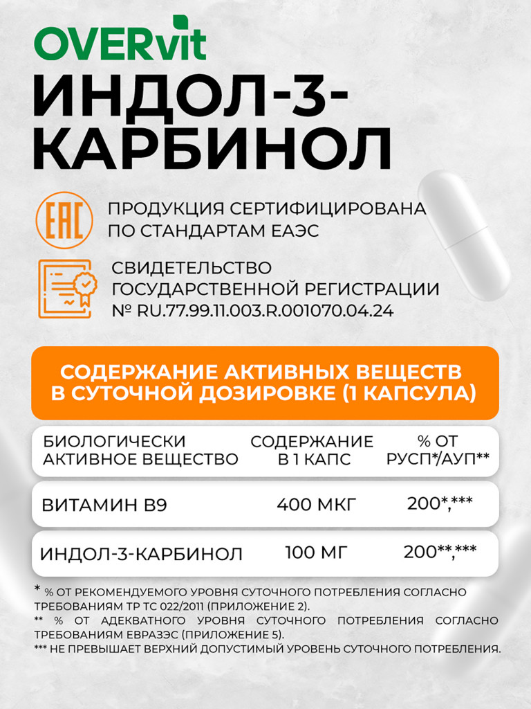 Индол-3-карбинол с фолиевой кислотой OVER, 60 капсул