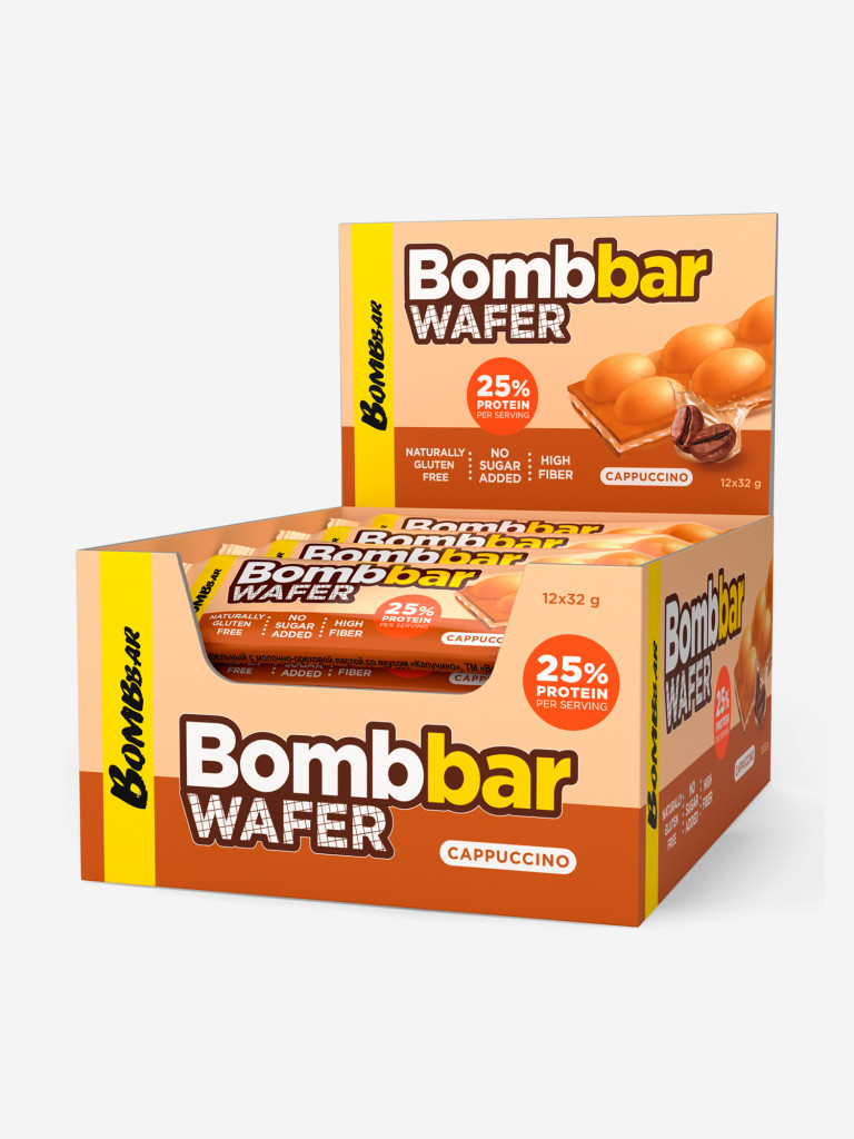 Протеиновые вафельные батончики 12 шт. Bombbar без сахара "Капучино", 32г. х 12шт.
