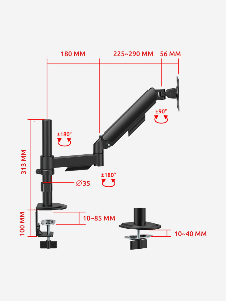 UNITEKI FMGT91PIPE Кронштейн для монитора к столу со струбциной, системы газлифт, диагональ 17-35", крепление с функцией перемещения в вертикальной плоскости и нагрузкой от 2 до 9 кг.