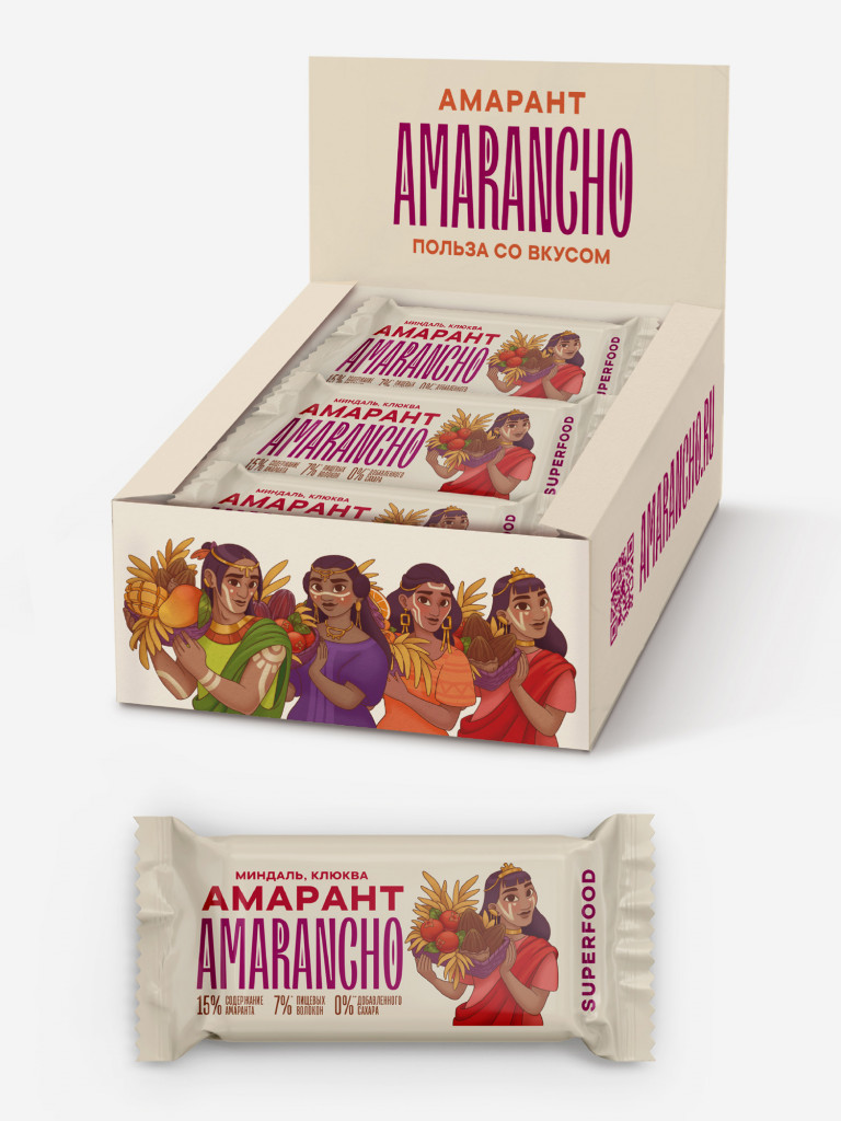 Батончик фруктово-зерновой амарант, миндаль, клюква, 30 г.