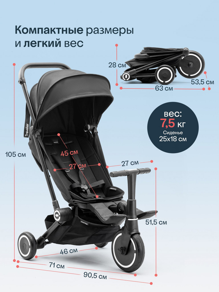 Велосипед детский трехколесный с ручкой SmarTrike Traveler Onyx Black