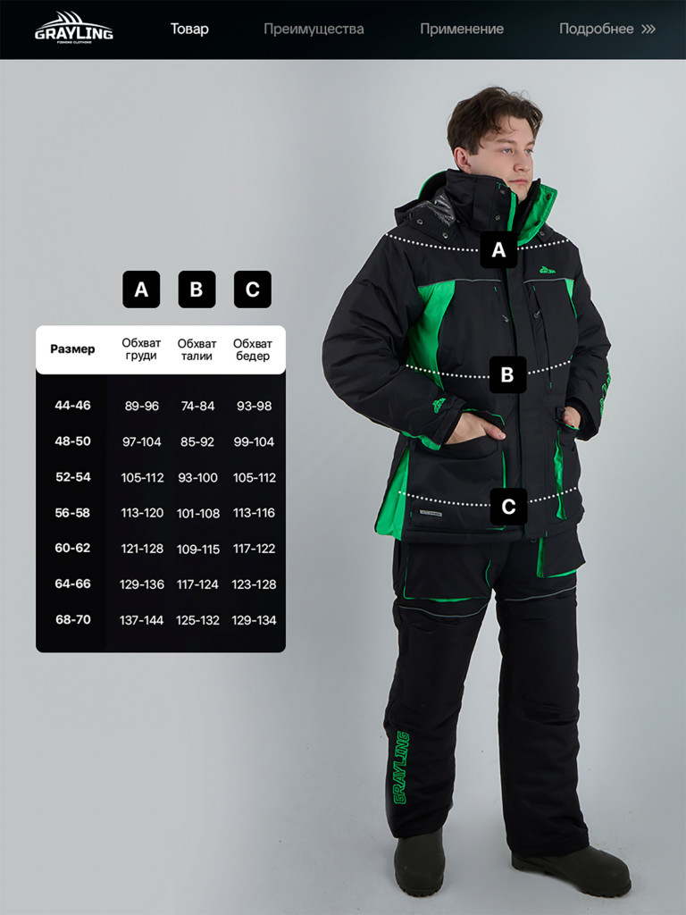 Костюм для рыбалки зимний -45, GRAYLING, Селигер зелено-черный