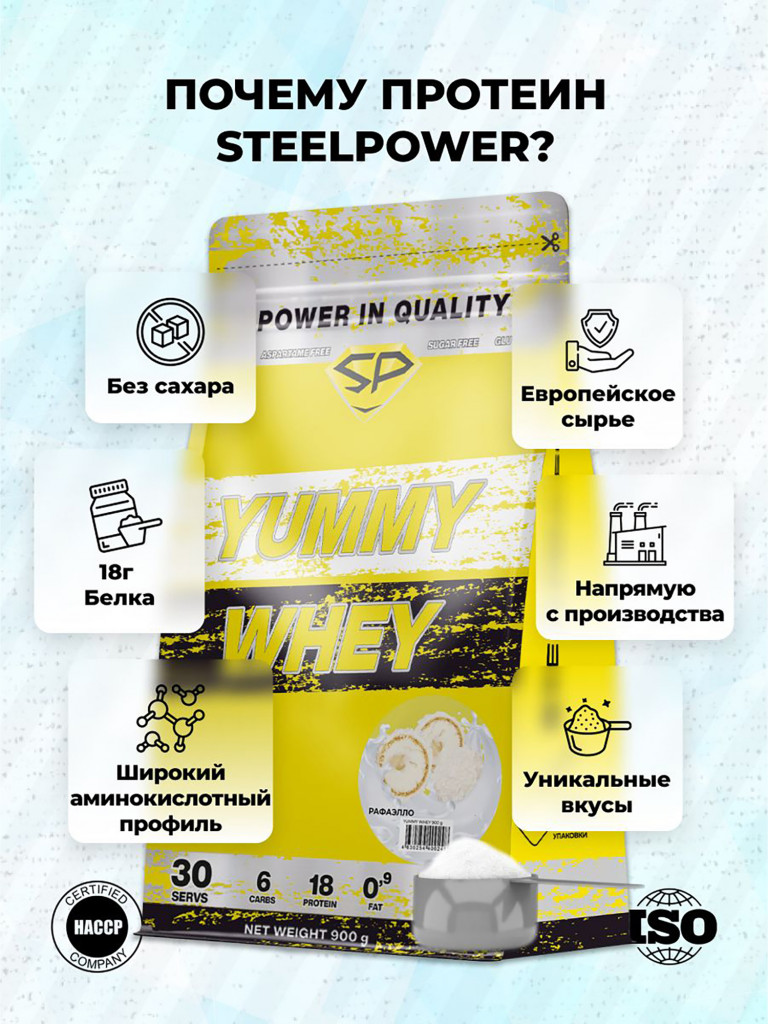 Сывороточный протеин Steelpower Yummy Whey, 900 г, 60% белка, Кокос, Сливочный крем (рафаэлло)