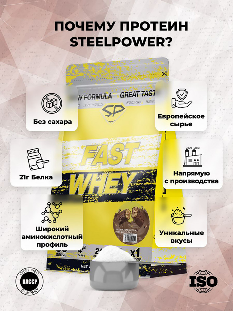 Сывороточный протеин FAST WHEY SteelPower, протеиновый коктейль для похудения, набора мышечной массы, порошок без сахара в пакете зип, 900 гр, Арахис-Карамель-Нуга-Шоколад (Сникерс)