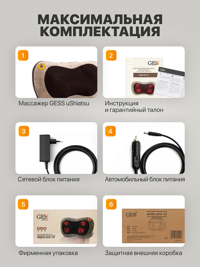 Массажная подушка GESS uShiatsu, электрический массажер для тела
