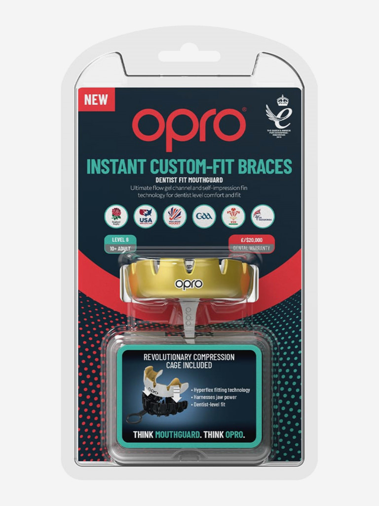 Боксерская капа для брекетов взрослая, спортивная, защитная для зубов OPRO Instant Custom-Fit Braces - Gold/White
