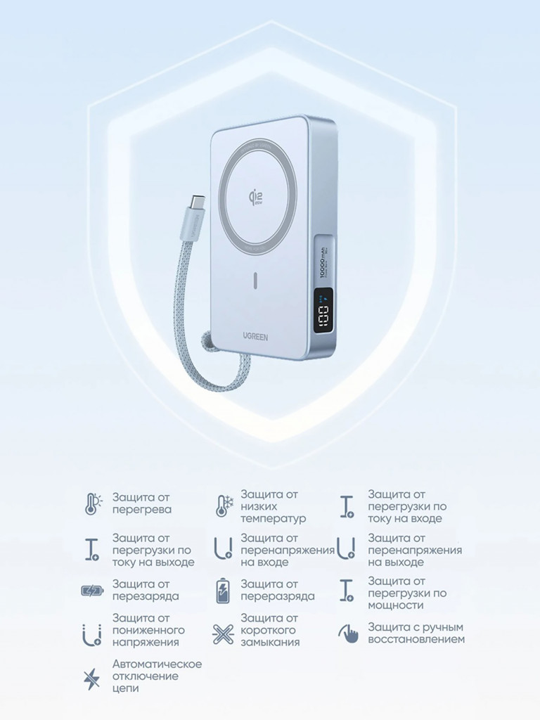 Внешний аккумулятор UGREEN PB773 (65958B) 25W Magnetic Wireless 10000mAh Charging Qi2 Portable Power Bank со встроенным кабелем USB-C