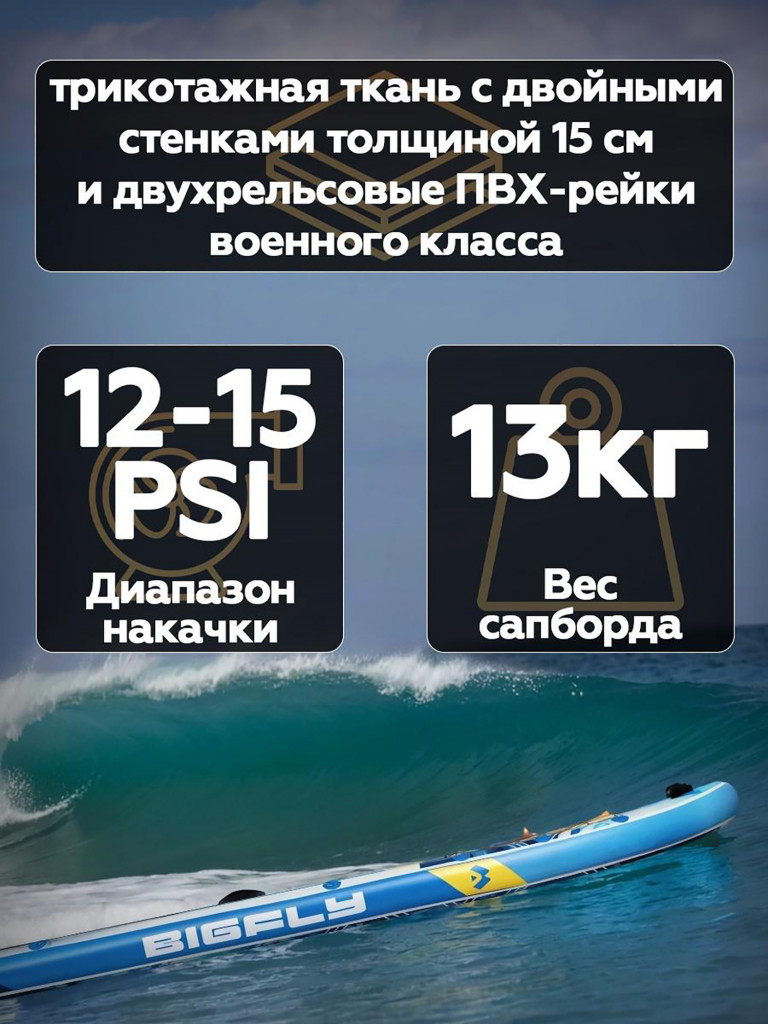 Надувная SUP-доска BIGFLY TROPICAL BLUE STD 11" 335х86х15 см / Сапборд для отдыха на воде