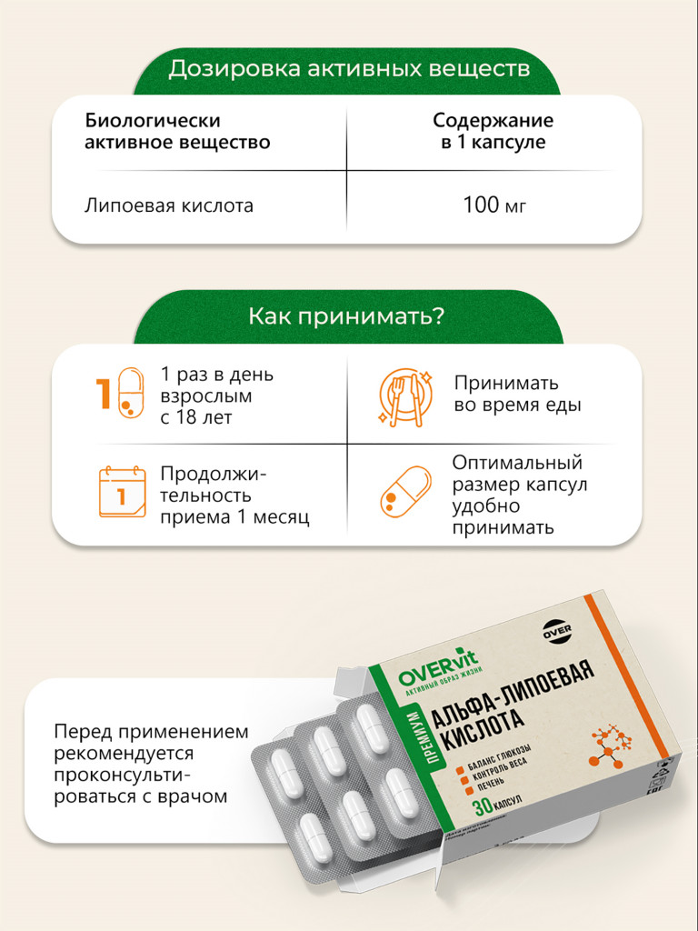 Альфа-липоевая кислота 100мг OVER, 30 капсул
