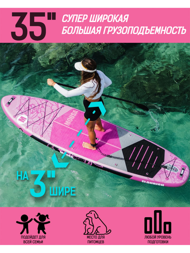 Надувная двухслойная SUP-доска MOUSA PINK, 11'35"x34"x6" 345*84*15 см, сапборд