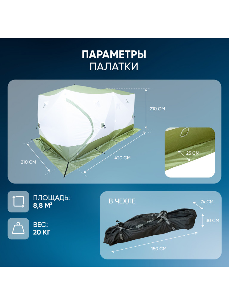 Палатка зимняя куб Следопыт Premium 4,2х2,1м,2-х комнатная, S по полу 8,8 кв.м, 3 слоя, цвет оливковый,белый.