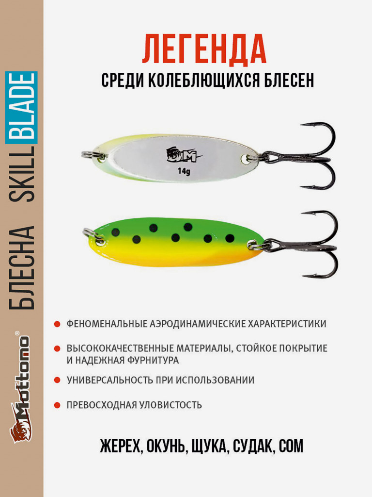 Блесна колеблющаяся для рыбалки Mottomo Skill Blade 14g Fire Tiger 2. Колебалка на жереха, щуку, окуня, голавля, форель