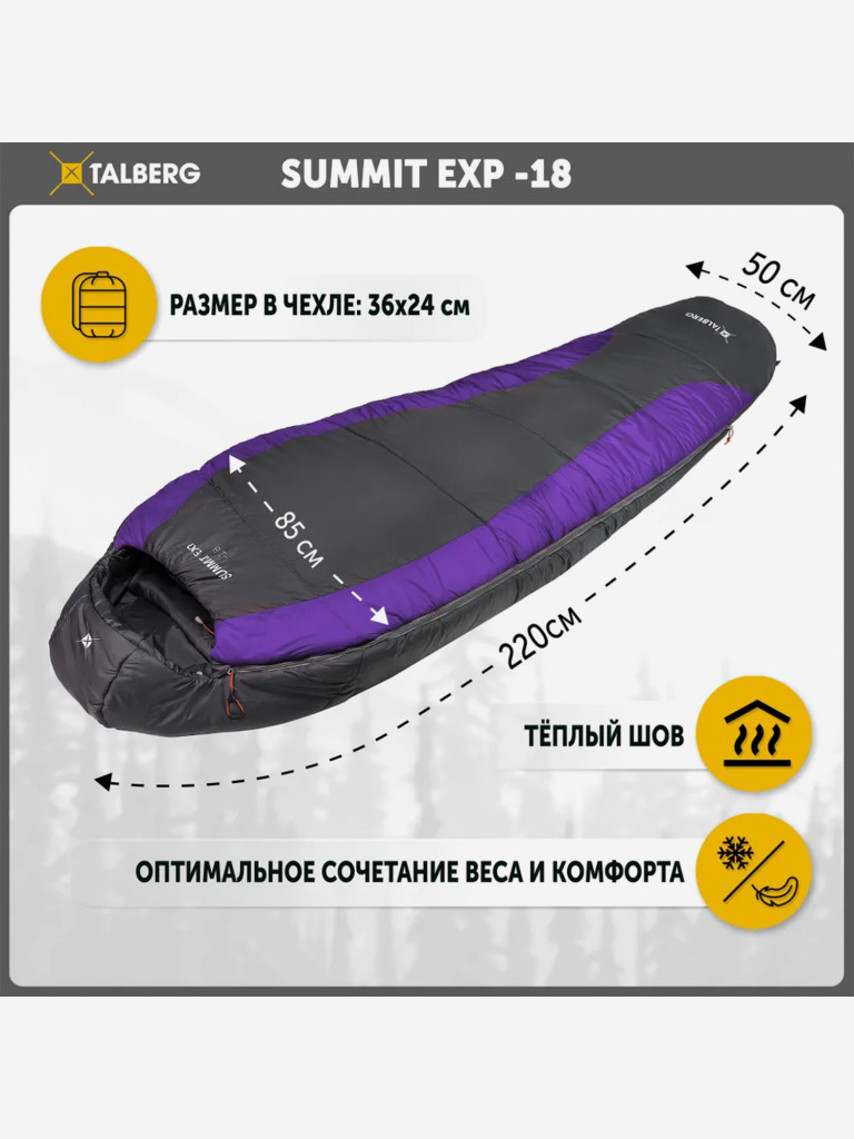 Спальный мешок TALBERG SUMMIT EXP -18°C, серый/фиолетовый, правый