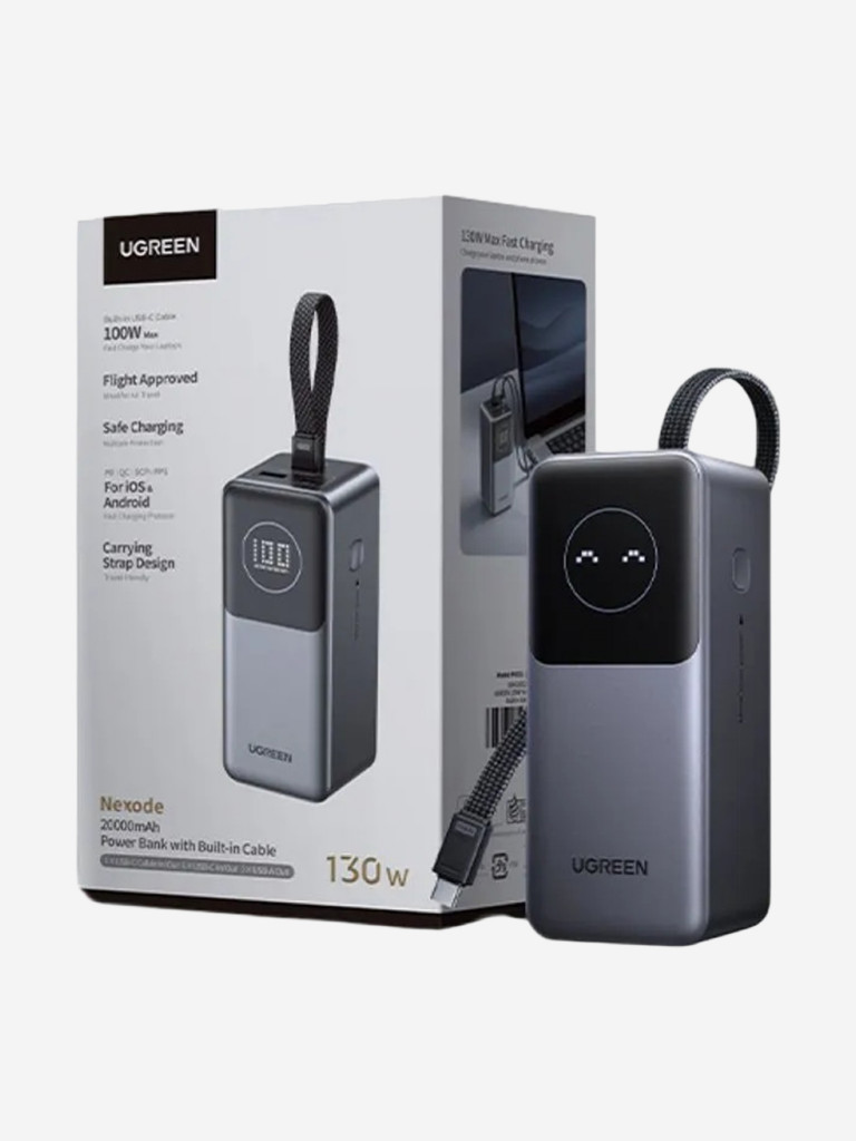 Внешний аккумулятор со встроенным кабелем UGREEN PB723 (55365B) 130W Power Bank with Built-in Cable