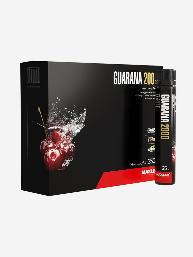 Энергетик гуарана с витамином С, В1, В6 и пантотеновой кислотой Maxler Guarana 2000, 14 ампул по 25 мл - Вишня