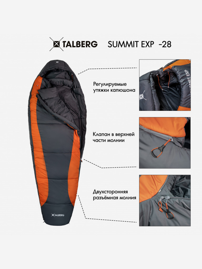 Спальный мешок Talberg SUMMIT EXP -28 C (серый/оранжевый правый)