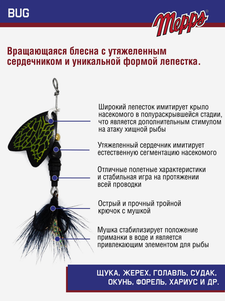 Блесна вращающаяся для рыбалки Mepps BUG PERLA №00 на щуку, окуня